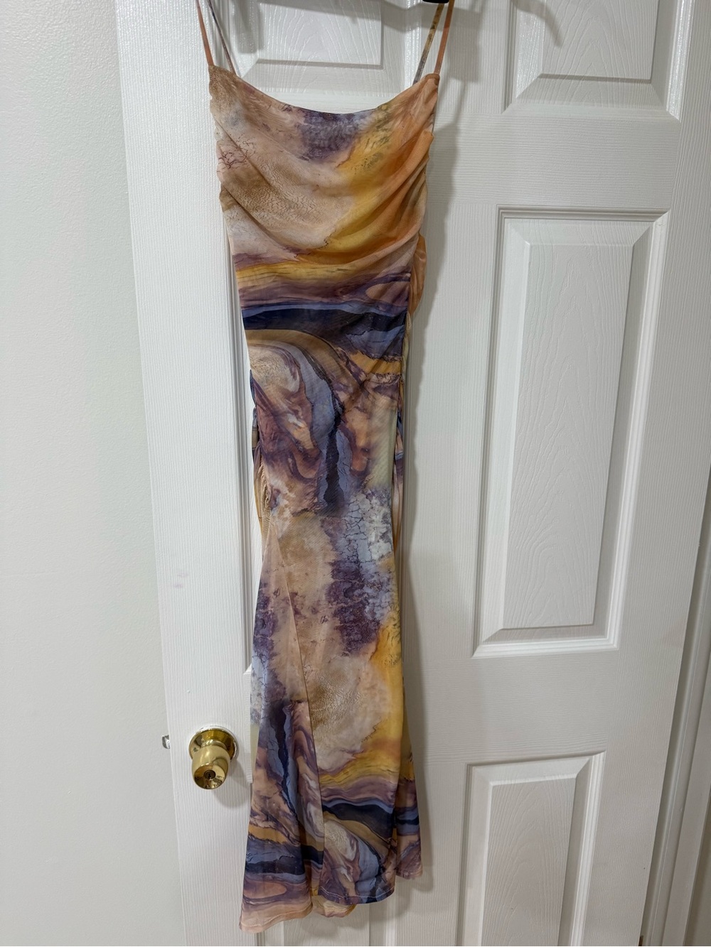 Zara Marble-Print Slip Maxi Dress in Purple and Yellow